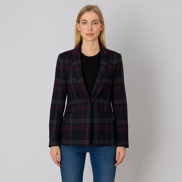 2/$30 Express Classic Plaid Blazer Suit Jacket Navy Red 0 #A0506 TRB3 - Picture 1 of 8